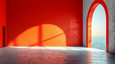 Empty room with red wall and white door. 3D rendering.の素材