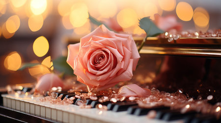 Beautiful pink rose on piano keyboard with bokeh lights backgroundの素材