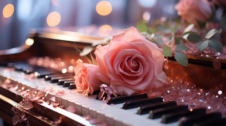 piano keys and pink rose on a background of bokehの素材