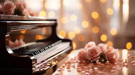 Piano with rose petals and bokeh lights on backgroundの素材