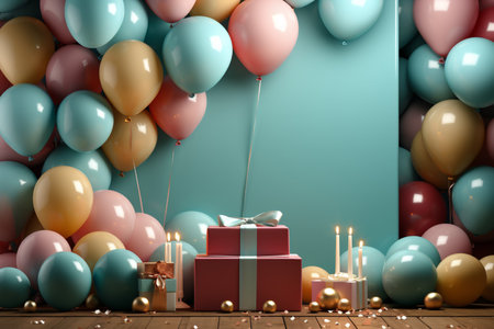 Gift box and colorful balloons on wooden floor. 3d renderingの素材