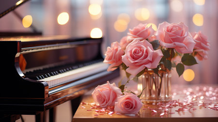 Beautiful pink roses in vase and piano on table in roomの素材