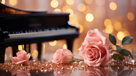 piano and pink rose on the background of bokeh lightsの素材