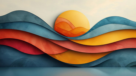 3d illustration of abstract background with waves and sun in blue and orange colorsの素材
