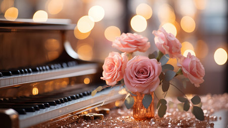Piano keys and rose flowers in vase on bokeh backgroundの素材