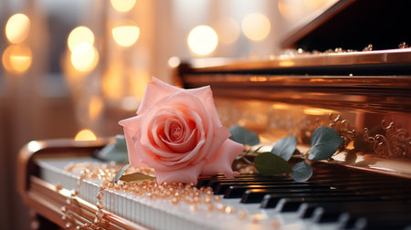 Beautiful pink rose and piano keys on blurred background, closeupの素材