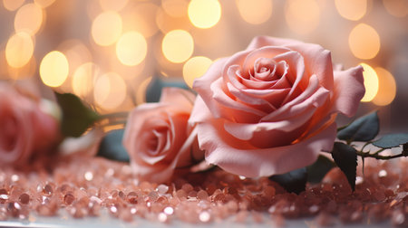 Beautiful pink roses on bokeh lights background, closeupの素材
