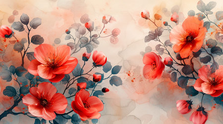 Grunge floral background with watercolor splashes and blotsの素材