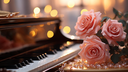Beautiful pink roses and piano on blurred lights background, closeupの素材