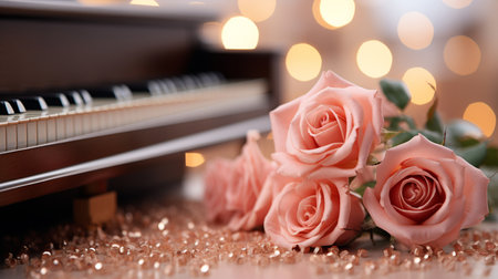 Beautiful pink roses and piano on bokeh background, closeupの素材