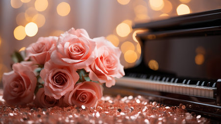 Beautiful bouquet of roses and piano on bokeh backgroundの素材