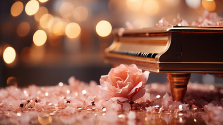Piano with rose petals on bokeh background, closeupの素材