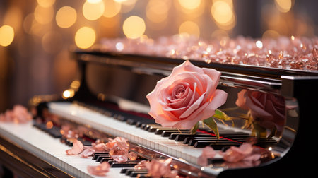 piano with pink rose on bokeh background, music conceptの素材