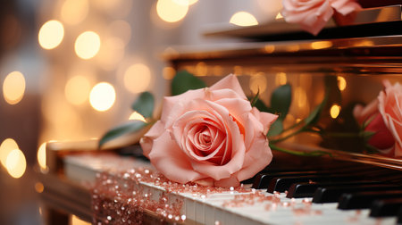 Beautiful pink rose and piano keys on blurred background, closeupの素材