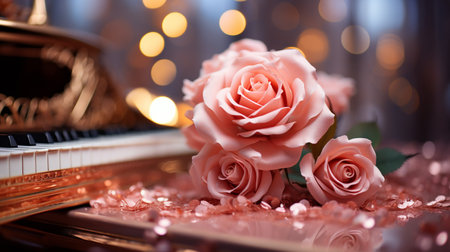 pink roses and piano on bokeh background, valentines dayの素材