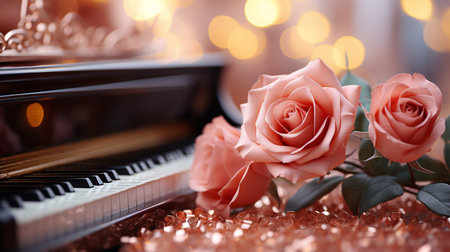 Beautiful pink rose and piano on bokeh background, closeupの素材