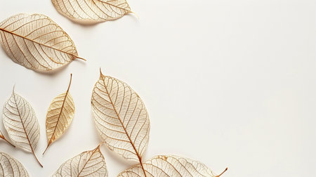 Golden leaves on white background. Flat lay, top view, copy spaceの素材