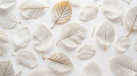 white autumn leaves on white background. flat lay, top view.の素材