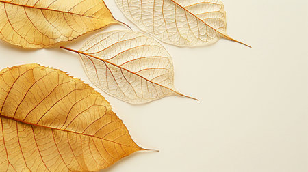 Autumn leaves on a white background with copy space for text.の素材