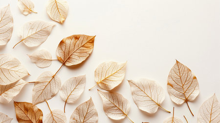 Autumn composition. Dry leaves on white background. Flat lay, top view, copy spaceの素材