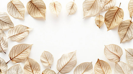 Autumn leaves frame on white background. Flat lay, top view.の素材