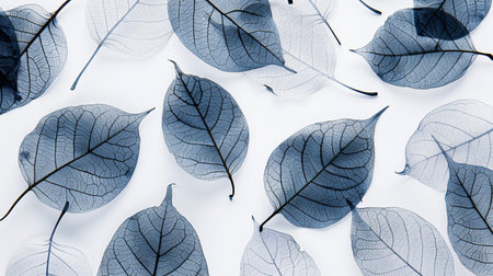 Foliage pattern made of blue leaves on white background. Flat lay, top view.の素材