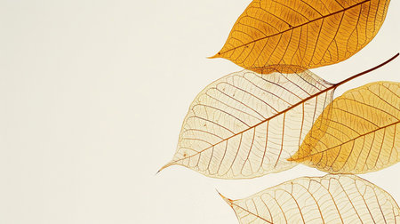 Autumn leaves on a white background with copy space for text.の素材