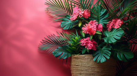 Tropical flowers in a vase on a pink background.の素材