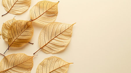 Dry leaves on beige background, top view. Space for textの素材