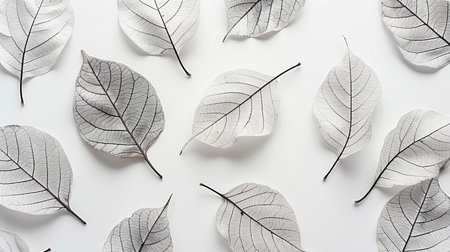 Dry gray leaves pattern on white background. Flat lay, top viewの素材
