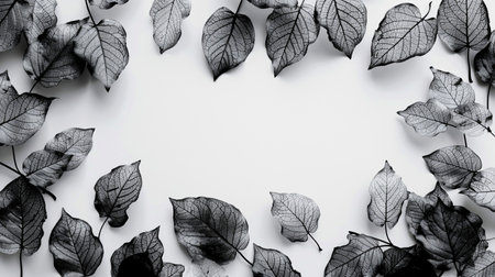 Black leaves on white background. Flat lay, top view, copy space.の素材