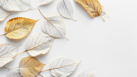 Autumn composition. Golden leaves on white background. Flat lay, top view, copy spaceの素材