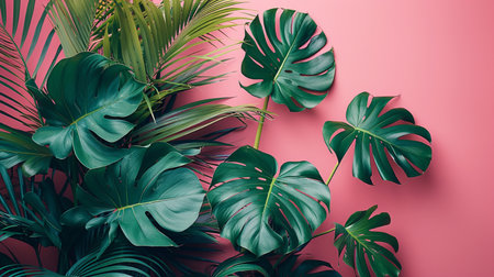 Creative layout made of monstera leaves on pink background. Flat lay, top view minimal summer concept.の素材