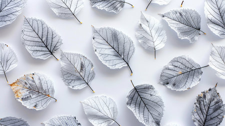 Gray leaves pattern on white background. Flat lay, top view.の素材