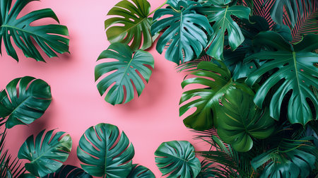 Creative layout made of monstera leaves on pink background. Flat lay, top view minimal summer concept.の素材