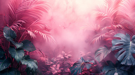 Tropical background with palm and monstera leaves. 3d renderの素材