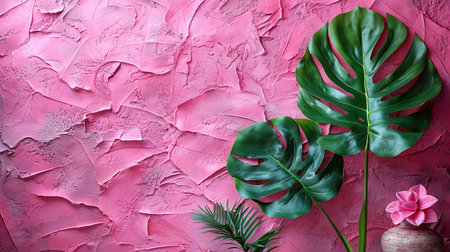 Tropical leaves and flower on color textured background, flat layの素材