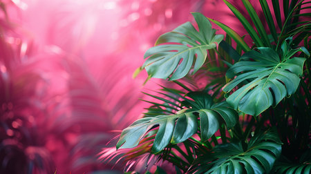 Tropical leaves of Monstera deliciosa or Swiss cheese plant on pink background.の素材