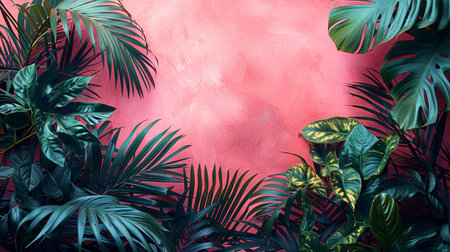 Tropical leaves on a pink background with copy space. Flat lay.の素材