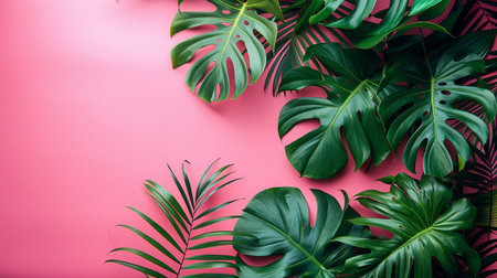 Tropical leaves on pink background. Flat lay, top view, copy spaceの素材