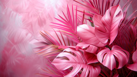 Tropical palm leaves on a pink background. Summer tropical background.の素材