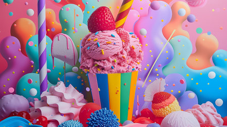 3d illustration of ice cream in cupcake shape with colorful backgroundの素材