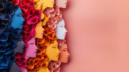 Abstract 3d illustration of female face with colorful flowers in hair.の素材