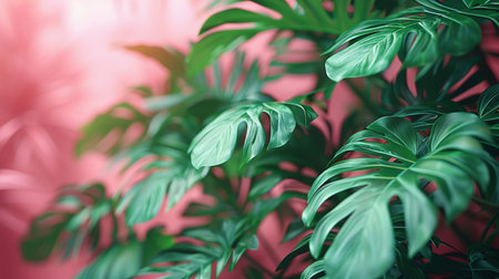 Tropical green monstera leaves on pink background. Copy spaceの素材