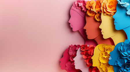 3d illustration of women face with paper flowers over pink background.の素材