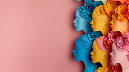 3d illustration of woman face in paper cut style with colorful flowersの素材