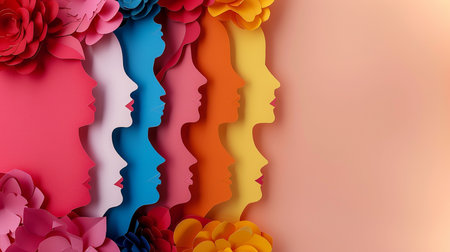 Paper cut of human head with colorful paper flowers. 3d renderingの素材