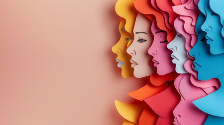 3d illustration of paper cut female faces with colorful paper sheets in the backgroundの素材