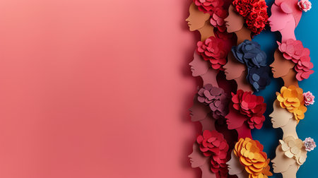Paper cut of female faces with colorful paper flowers. 3d renderingの素材