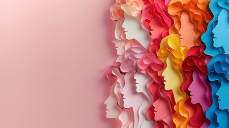 Colorful paper cut human faces on pink background. 3d renderingの素材
